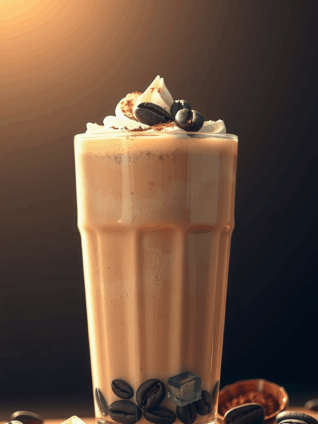 A tall, clear glass filled with a creamy iced coffee protein shake, topped with ice cubes, set on a light beige surface with a soft, neutral background.