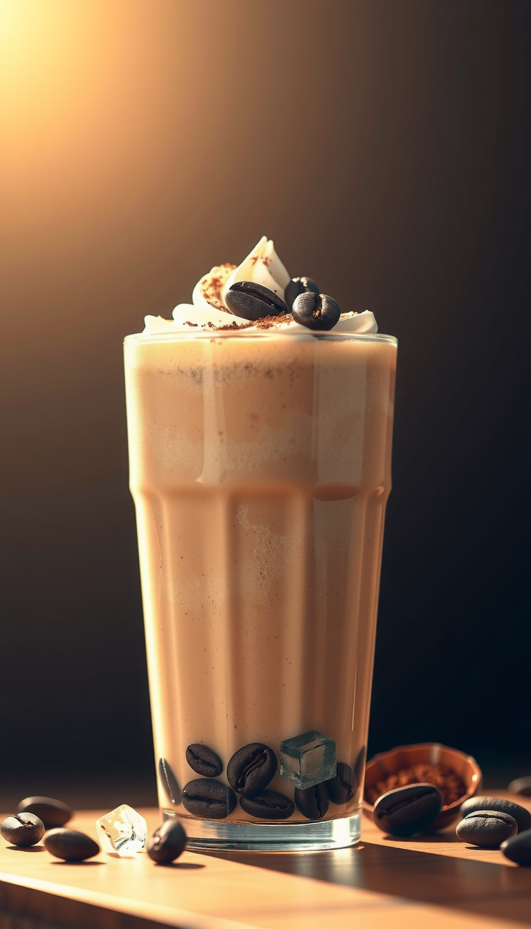 A tall, clear glass filled with a creamy iced coffee protein shake, topped with ice cubes, set on a light beige surface with a soft, neutral background.