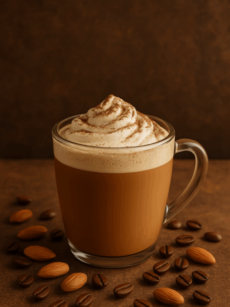 A clear glass mug filled with a rich almond mocha latte sits on a brown textured surface, topped with a swirl of whipped cream dusted with cocoa powder, surrounded by scattered whole almonds and coffee beans against a warm brown background.