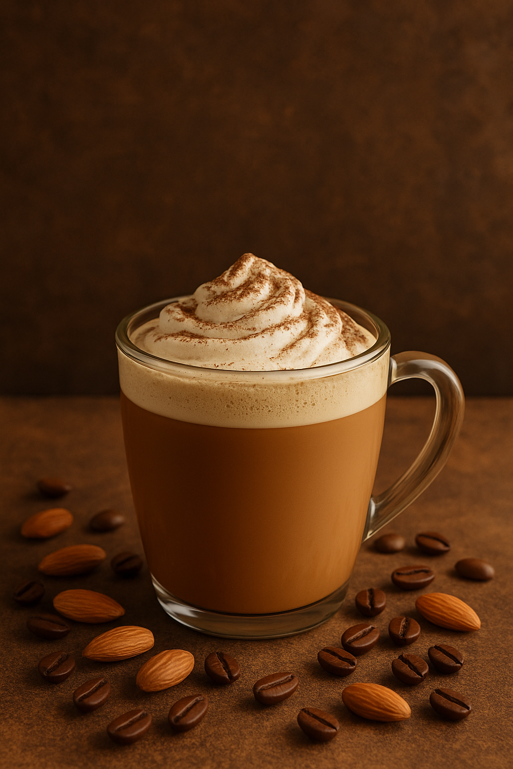 A clear glass mug filled with a rich almond mocha latte sits on a brown textured surface, topped with a swirl of whipped cream dusted with cocoa powder, surrounded by scattered whole almonds and coffee beans against a warm brown background.