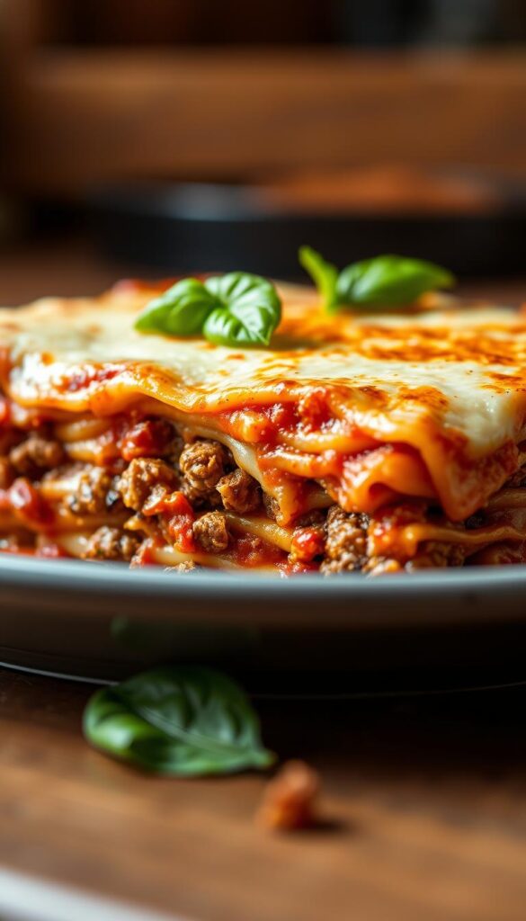 A classic lasagna dish with ground beef, layered with rich tomato sauce, melty mozzarella, and fresh basil leaves. The pasta is perfectly al dente, the beef is savory and seasoned, and the cheese is bubbling and golden-brown on top. The scene is captured in warm, natural lighting, with a shallow depth of field that focuses the viewer's attention on the delectable cross-section of the lasagna. The atmosphere is cozy and inviting, evoking the comforting flavors of a home-cooked meal.
