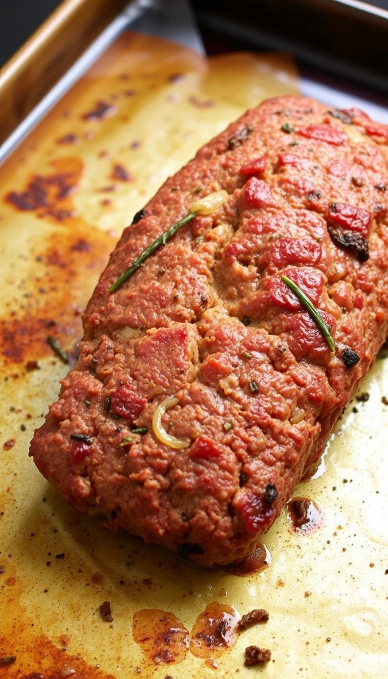 A classic meatloaf made with seasoned ground beef, nestled on a rustic baking sheet. The meatloaf has a golden-brown crust, with a juicy, tender interior. Steaming hot, fresh from the oven, the aroma of garlic, onions, and herbs fills the air. The meatloaf is presented in a simple, homestyle manner, allowing the delicious, comforting dish to take center stage. Warm, inviting lighting casts a soft glow, highlighting the dish's hearty texture and mouthwatering appearance. The scene evokes a sense of classic, homemade comfort food, perfect for a satisfying family meal.