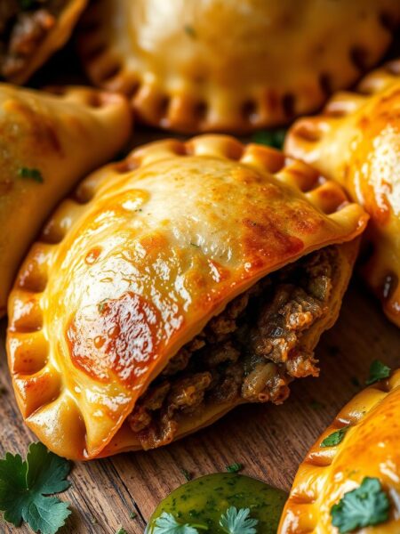 A close-up shot of freshly baked beef empanadas, their golden-brown crusts glistening under warm, natural lighting. The filling is visible, a savory blend of seasoned ground beef, onions, and spices. The empanadas are arranged on a rustic wooden surface, complemented by a scattering of fresh herbs and a drizzle of authentic chimichurri sauce. The image conveys the comforting aroma and irresistible texture of this classic Latin American dish, capturing the essence of a satisfying homemade meal.