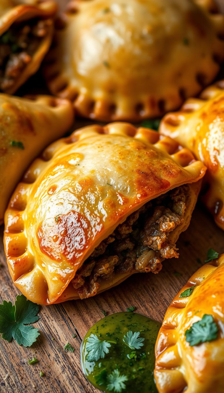 A close-up shot of freshly baked beef empanadas, their golden-brown crusts glistening under warm, natural lighting. The filling is visible, a savory blend of seasoned ground beef, onions, and spices. The empanadas are arranged on a rustic wooden surface, complemented by a scattering of fresh herbs and a drizzle of authentic chimichurri sauce. The image conveys the comforting aroma and irresistible texture of this classic Latin American dish, capturing the essence of a satisfying homemade meal.