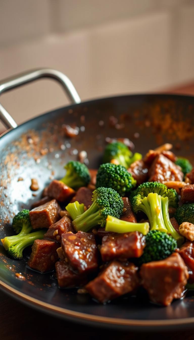 A delectable 30-minute beef and broccoli stir-fry, sizzling in a wok with glistening sauce. Tender chunks of marinated beef, vibrant broccoli florets, and aromatic garlic and ginger. Warm lighting casts a cozy glow, highlighting the rich, caramelized edges of the beef. The dish is neatly plated on a dark wooden surface, ready to be savored. Soft depth of field puts the focus on the inviting meal, while the background fades into a blurred, neutral setting, creating a mouthwatering, restaurant-quality scene.