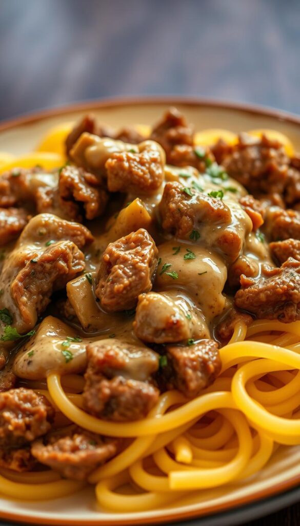 A delectable dish of beef stroganoff, featuring tender ground beef simmered in a rich and creamy sauce, served atop a bed of perfectly cooked egg noodles. The beef is browned to perfection, with a subtle caramelized crust, while the sauce is a harmonious blend of sour cream, Dijon mustard, and aromatic herbs and spices. The noodles are al dente, providing a textural contrast to the velvety sauce. Warm lighting casts a cozy glow, accentuating the dish's inviting appearance, as if plated straight from a renowned chef's kitchen. The overall composition is elegant and appetite-whetting, capturing the essence of this classic comfort food dish.