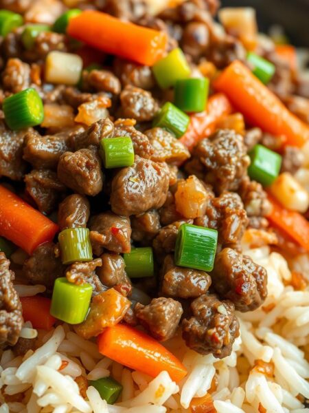A delectable fusion of tender ground beef, fragrant vegetables, and perfectly cooked rice, captured in a high-resolution, close-up image. The beef is seared to a golden-brown crisp, mingling with vibrant carrots, peas, and scallions. Steaming jasmine rice forms the base, infused with the savory aromas of soy sauce and sesame oil. Soft, natural lighting casts a warm glow, highlighting the dish's mouthwatering textures and colors. The composition is balanced, with the fried rice filling the frame and drawing the viewer's attention to the enticing details. A classic yet contemporary representation of a comforting and satisfying beef fried rice dish.