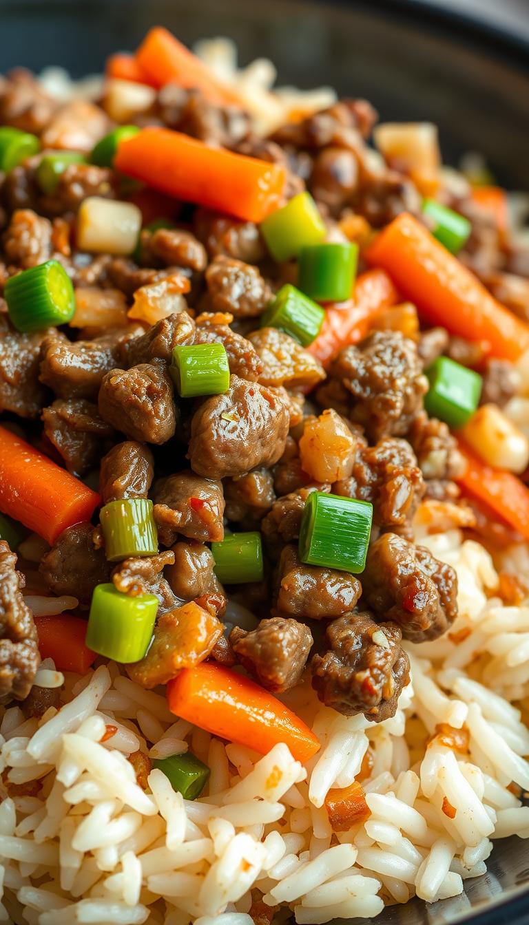 A delectable fusion of tender ground beef, fragrant vegetables, and perfectly cooked rice, captured in a high-resolution, close-up image. The beef is seared to a golden-brown crisp, mingling with vibrant carrots, peas, and scallions. Steaming jasmine rice forms the base, infused with the savory aromas of soy sauce and sesame oil. Soft, natural lighting casts a warm glow, highlighting the dish's mouthwatering textures and colors. The composition is balanced, with the fried rice filling the frame and drawing the viewer's attention to the enticing details. A classic yet contemporary representation of a comforting and satisfying beef fried rice dish.