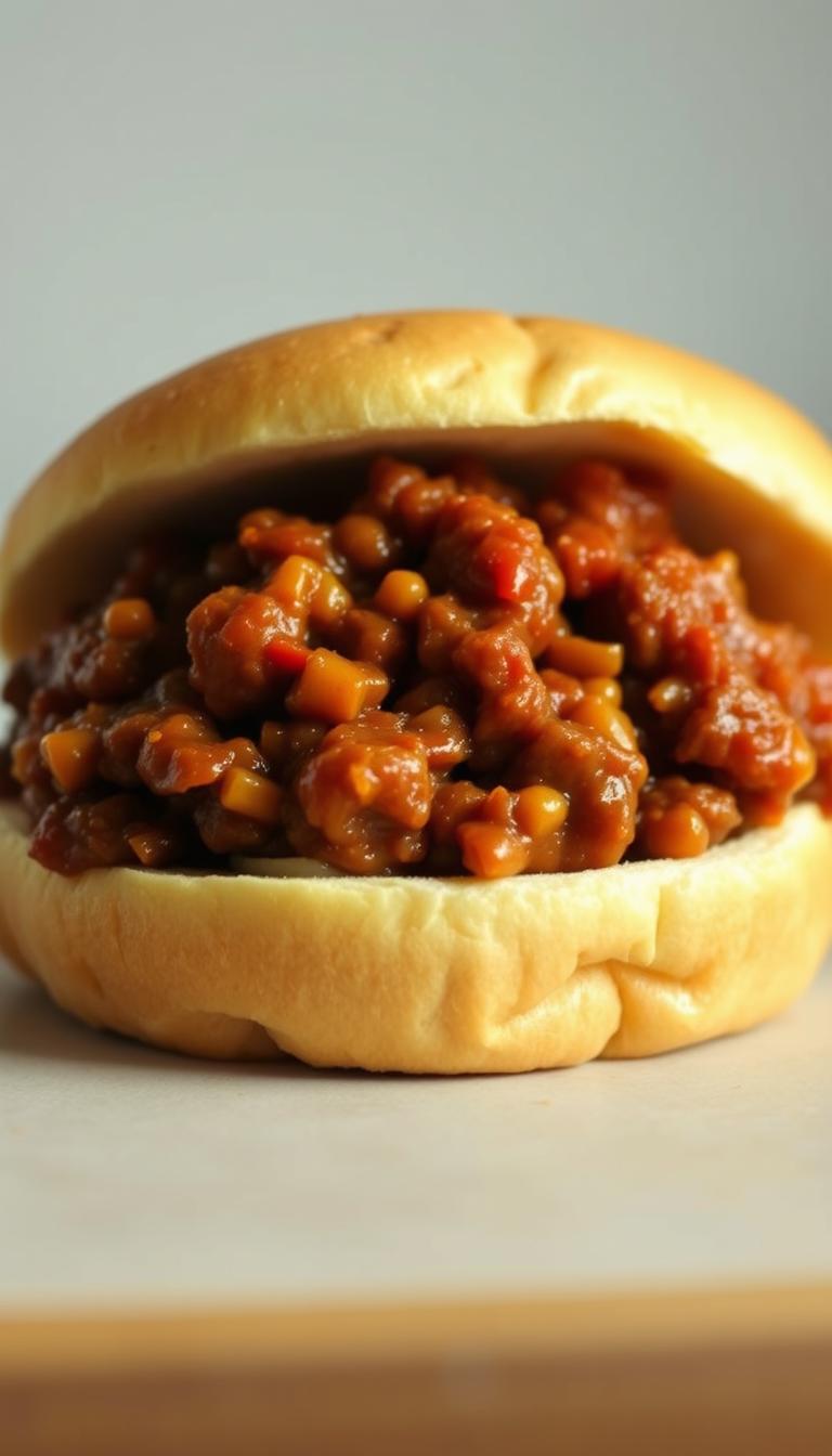 A delectable pile of tender, ground beef simmered in a tangy, tomato-based sauce, served between two fluffy, toasted buns. The sloppy joes are artfully arranged, with juices glistening, and a hint of onion and garlic wafting through the air. The lighting is warm and inviting, casting a soft glow on the scene, while the camera angle captures the dish in a slightly elevated, three-quarter view, showcasing its rustic, homemade appeal. The background is a neutral, light-colored surface, allowing the vibrant colors of the sloppy joes to take center stage and entice the viewer's appetite.