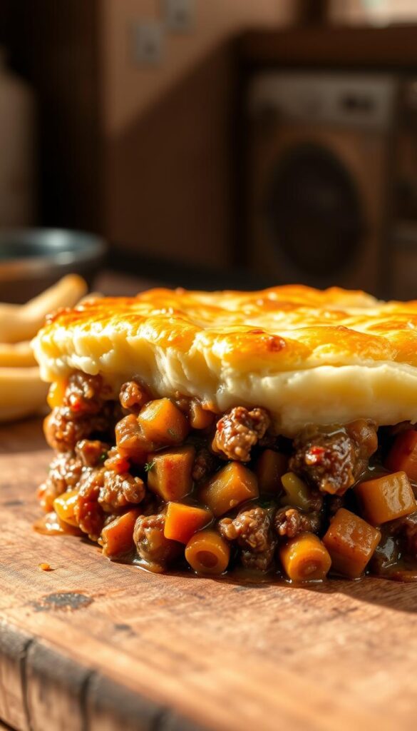 A delectable shepherd's pie with a golden, crusty topping, fresh from the oven. Tender chunks of seasoned ground beef and sautéed vegetables, nestled in a rich, savory gravy, topped with a creamy mashed potato layer. The scene is lit by warm, natural lighting, casting a cozy glow on the dish. Placed on a rustic wooden surface, the pie appears inviting and homemade, ready to be enjoyed as a satisfying, quick-to-prepare dinner. The focus is on the close-up of the pie, with a shallow depth of field blurring the background for a clean, appetizing presentation.