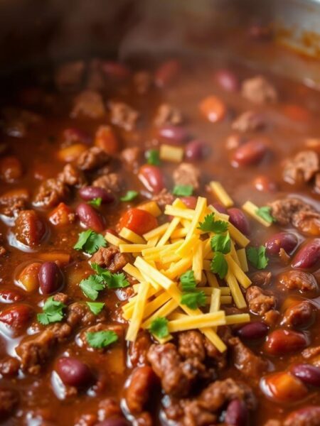 A hearty, simmering pot of ground beef chili, its rich aroma filling the air. The chili is thick and chunky, with visible chunks of ground beef, kidney beans, and diced tomatoes. The surface is dotted with shredded cheddar cheese and a sprinkle of chopped cilantro, casting a warm, appetizing glow under soft, diffused lighting. The image is shot from a slightly elevated angle, capturing the depth and texture of the chili in the foreground, with a blurred background hinting at a cozy kitchen setting. The overall mood is inviting and comforting, perfectly capturing the essence of a satisfying homemade ground beef chili.