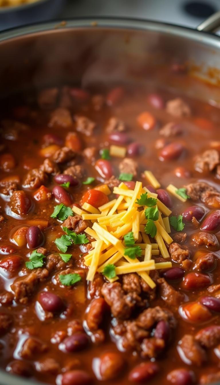 A hearty, simmering pot of ground beef chili, its rich aroma filling the air. The chili is thick and chunky, with visible chunks of ground beef, kidney beans, and diced tomatoes. The surface is dotted with shredded cheddar cheese and a sprinkle of chopped cilantro, casting a warm, appetizing glow under soft, diffused lighting. The image is shot from a slightly elevated angle, capturing the depth and texture of the chili in the foreground, with a blurred background hinting at a cozy kitchen setting. The overall mood is inviting and comforting, perfectly capturing the essence of a satisfying homemade ground beef chili.