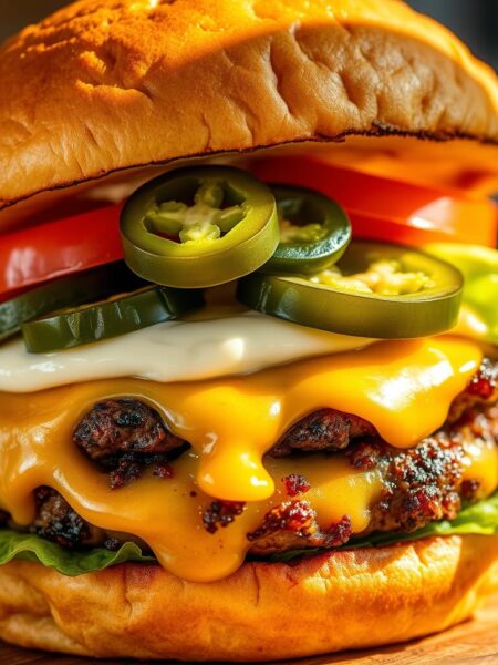 A juicy, drool-worthy jalapeño pepper jack burger, its golden-brown bun toasted to perfection. The patty, seared to a delectable char, oozes with melted pepper jack cheese, complemented by slices of crisp, spicy jalapeños. A creamy, tangy spread adorns the bun, while crunchy lettuce and plump tomato slices add a refreshing contrast. The burger is illuminated by warm, natural lighting, casting soft shadows and highlighting its mouthwatering details. Captured from a slightly elevated angle, the composition showcases the burger's tempting layers and invites the viewer to take a satisfying bite.