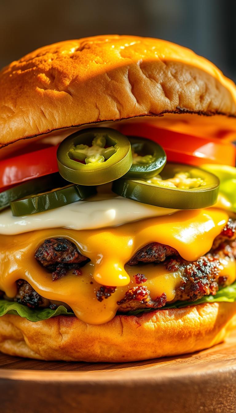 A juicy, drool-worthy jalapeño pepper jack burger, its golden-brown bun toasted to perfection. The patty, seared to a delectable char, oozes with melted pepper jack cheese, complemented by slices of crisp, spicy jalapeños. A creamy, tangy spread adorns the bun, while crunchy lettuce and plump tomato slices add a refreshing contrast. The burger is illuminated by warm, natural lighting, casting soft shadows and highlighting its mouthwatering details. Captured from a slightly elevated angle, the composition showcases the burger's tempting layers and invites the viewer to take a satisfying bite.