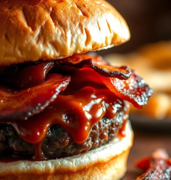 A juicy, flame-grilled beef patty, glistening with smoky barbecue sauce, nestled between a soft, toasted brioche bun. Crispy, golden-brown bacon strips adorn the top, adding a delightful crunch and savory depth. The burger is illuminated by warm, natural lighting, casting a tantalizing glow that enhances the appetizing visuals. The scene is set against a subtly blurred background, allowing the burger to take center stage and captivate the viewer's attention. The overall composition evokes a mouthwatering, rustic charm, perfectly capturing the essence of a delectable Bacon BBQ Burger.