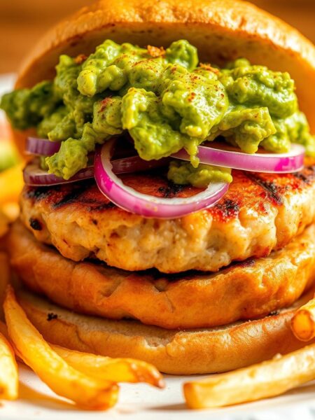 A juicy, freshly grilled turkey burger, its golden-brown patty nestled between a soft, toasted bun. Atop the burger, a generous layer of vibrant green guacamole, its creamy texture and bold flavors complementing the savory turkey. Sliced red onions and crisp lettuce leaves add a refreshing crunch, while a sprinkle of paprika and garlic powder lend a subtle warmth. The burger is bathed in warm, natural lighting, casting a mouthwatering glow and highlighting the burger's inviting, artisanal appearance. A side of crispy fries completes the scene, their golden-brown hue and wispy texture beckoning to be dipped in the guacamole. The overall atmosphere is one of rustic, homemade comfort and irresistible flavor.