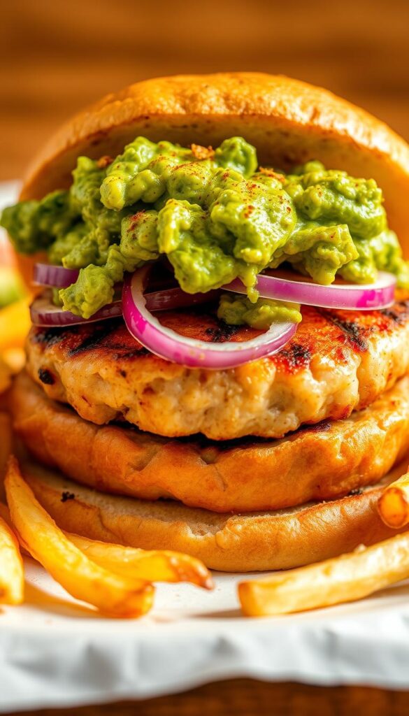 A juicy, freshly grilled turkey burger, its golden-brown patty nestled between a soft, toasted bun. Atop the burger, a generous layer of vibrant green guacamole, its creamy texture and bold flavors complementing the savory turkey. Sliced red onions and crisp lettuce leaves add a refreshing crunch, while a sprinkle of paprika and garlic powder lend a subtle warmth. The burger is bathed in warm, natural lighting, casting a mouthwatering glow and highlighting the burger's inviting, artisanal appearance. A side of crispy fries completes the scene, their golden-brown hue and wispy texture beckoning to be dipped in the guacamole. The overall atmosphere is one of rustic, homemade comfort and irresistible flavor.