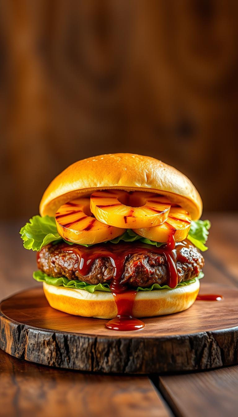 A juicy teriyaki pineapple burger, illuminated by warm, golden lighting. The bun is lightly toasted, glistening with butter. A thick beef patty is topped with grilled pineapple slices, crisp lettuce, and a generous drizzle of teriyaki sauce. The ingredients are arranged artfully, showcasing their vibrant colors and textures. The burger is positioned on a rustic wooden surface, with a backdrop of blurred, earthy tones that create a cozy, inviting atmosphere. The camera angle is slightly elevated, providing a tantalizing bird's-eye view of this mouthwatering culinary creation.
