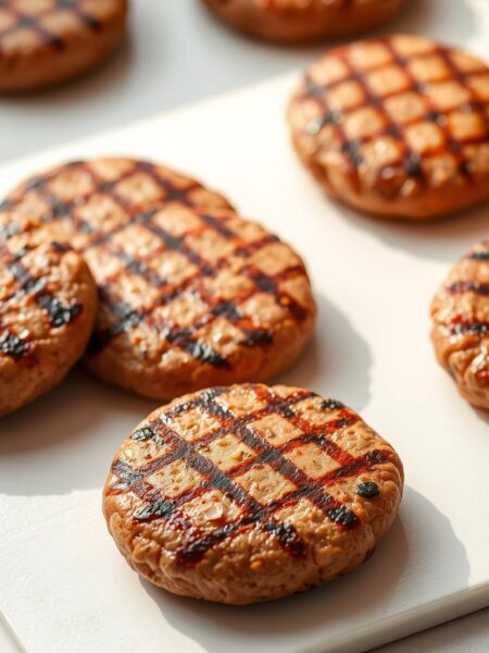 A mouthwatering arrangement of classic hamburger patties, grilled to perfection with a crisp, golden-brown exterior and a juicy, tender interior. The patties are meticulously formed, with a slightly domed shape and a uniform thickness, resting on a pristine white surface that reflects the warm, natural lighting casting a soft, inviting glow. The patties' edges are cleanly defined, and their subtle seasoning complements the rich, beefy aroma that permeates the scene. A sense of simplicity and timeless elegance pervades the image, capturing the essence of the "Classic Hamburger Patties" in a way that whets the appetite and evokes the comforting flavors of a beloved culinary staple.