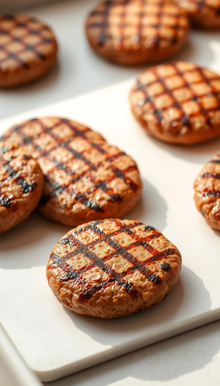 A mouthwatering arrangement of classic hamburger patties, grilled to perfection with a crisp, golden-brown exterior and a juicy, tender interior. The patties are meticulously formed, with a slightly domed shape and a uniform thickness, resting on a pristine white surface that reflects the warm, natural lighting casting a soft, inviting glow. The patties' edges are cleanly defined, and their subtle seasoning complements the rich, beefy aroma that permeates the scene. A sense of simplicity and timeless elegance pervades the image, capturing the essence of the "Classic Hamburger Patties" in a way that whets the appetite and evokes the comforting flavors of a beloved culinary staple.