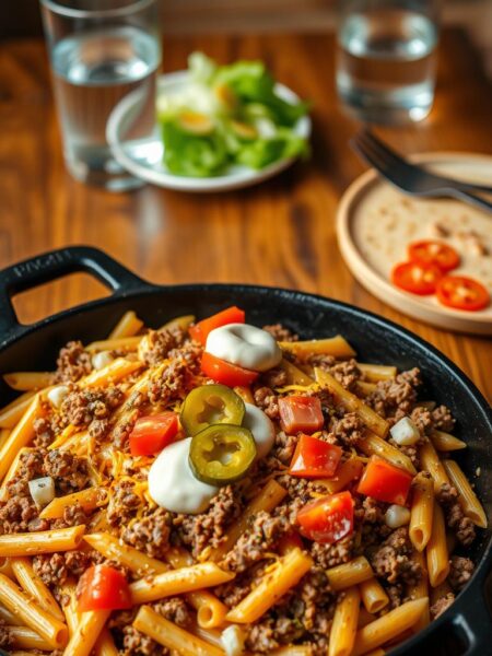 A mouthwatering cheeseburger pasta skillet sizzles under warm, golden lighting. In the foreground, a cast-iron pan overflows with perfectly cooked penne noodles, seasoned ground beef, melted cheddar, and diced tomatoes. The middle ground features a garnish of crisp romaine lettuce, sliced pickles, and a dollop of creamy mayonnaise. In the background, a rustic wooden table sets the scene, with a glass of cold water and a simple plate and utensils completing the homey, comforting atmosphere. The overall composition evokes the irresistible flavors and textures of a classic cheeseburger, seamlessly translated into a hearty, family-friendly pasta dish.