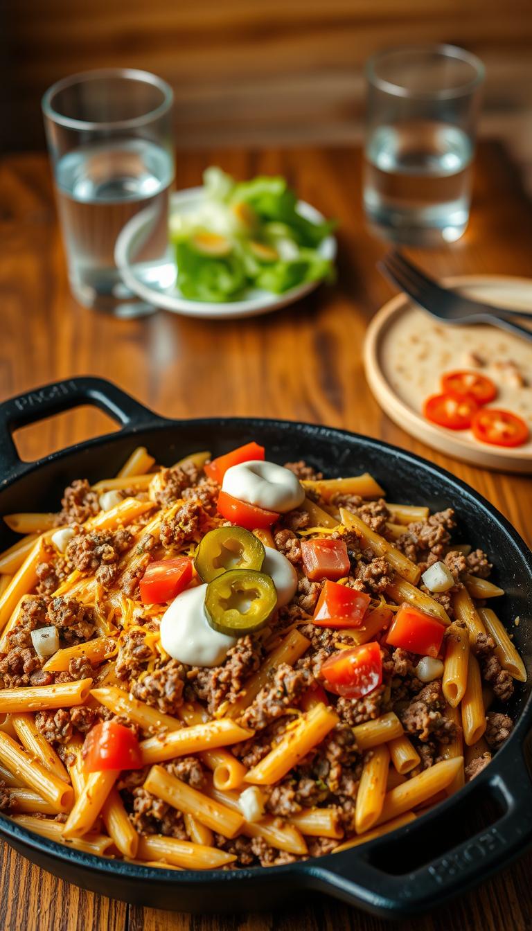 A mouthwatering cheeseburger pasta skillet sizzles under warm, golden lighting. In the foreground, a cast-iron pan overflows with perfectly cooked penne noodles, seasoned ground beef, melted cheddar, and diced tomatoes. The middle ground features a garnish of crisp romaine lettuce, sliced pickles, and a dollop of creamy mayonnaise. In the background, a rustic wooden table sets the scene, with a glass of cold water and a simple plate and utensils completing the homey, comforting atmosphere. The overall composition evokes the irresistible flavors and textures of a classic cheeseburger, seamlessly translated into a hearty, family-friendly pasta dish.