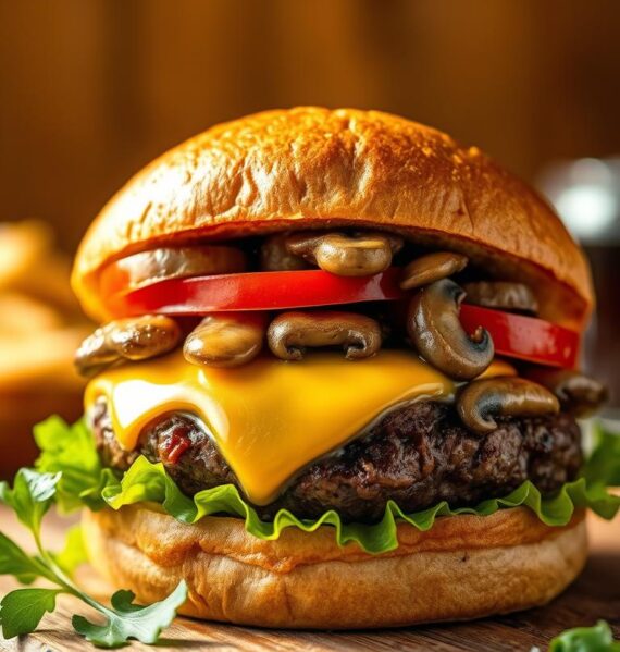 A mouthwatering mushroom Swiss burger resting on a wooden surface, bathed in warm, golden lighting. The thick, juicy beef patty is topped with melted Swiss cheese and sautéed mushrooms, nestled between a soft, toasted brioche bun. Crisp lettuce, sliced tomatoes, and a dollop of tangy sauce add vibrant color and flavor. The scene is captured from a low angle, emphasizing the burger's enticing layers and textures. The background is blurred, keeping the focus on the burger's irresistible details.