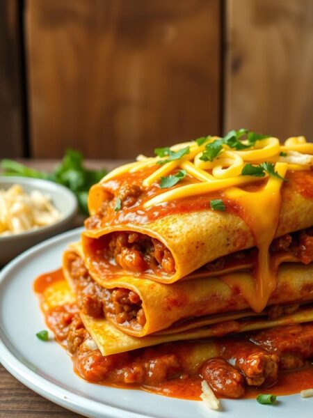 A neatly plated stack of enchiladas, filled with savory ground beef, simmered in a rich tomato-based sauce and topped with melted cheddar cheese. The enchiladas are presented against a backdrop of rustic wooden surfaces, with hints of earthy tones and natural textures to evoke a cozy, homemade atmosphere. Warm, soft lighting from above casts a inviting glow, accentuating the vibrant colors and textures of the dish. The composition is balanced, with the enchiladas taking center stage, surrounded by subtle props and details that complement the scene without distracting from the main subject.