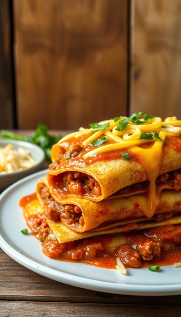 A neatly plated stack of enchiladas, filled with savory ground beef, simmered in a rich tomato-based sauce and topped with melted cheddar cheese. The enchiladas are presented against a backdrop of rustic wooden surfaces, with hints of earthy tones and natural textures to evoke a cozy, homemade atmosphere. Warm, soft lighting from above casts a inviting glow, accentuating the vibrant colors and textures of the dish. The composition is balanced, with the enchiladas taking center stage, surrounded by subtle props and details that complement the scene without distracting from the main subject.