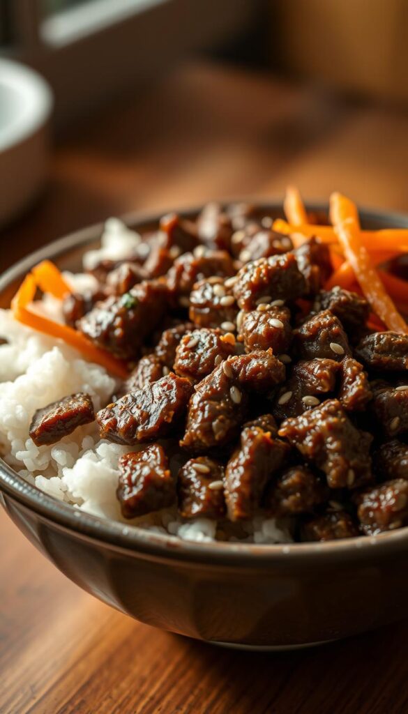 A savory Korean-style ground beef bowl, featuring tender seasoned beef, fluffy white rice, crisp julienned carrots, and a sprinkle of sesame seeds. The dish is illuminated by warm, natural lighting, captured at a low angle to showcase the layered textures and colors. A shallow depth of field creates a cozy, intimate atmosphere, drawing the viewer's focus to the enticing, glistening beef and vibrant vegetable accents. The overall composition is balanced and visually appetizing, reflecting the mouthwatering flavors of this authentic Korean comfort food.