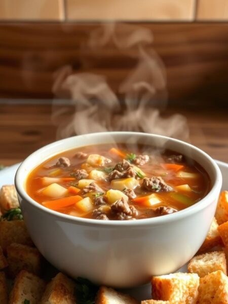 A steaming bowl of hearty hamburger soup takes center stage, surrounded by crisp croutons and fresh herbs. The broth is a rich, savory blend, with tender chunks of ground beef, diced vegetables, and earthy spices. The lighting is warm and inviting, casting a cozy glow over the scene. In the background, a simple kitchen counter provides a rustic backdrop, hinting at the homemade nature of this comforting dish. The overall mood is one of nourishment and simplicity, capturing the essence of a quick, satisfying dinner made with a humble ingredient - the trusty hamburger.