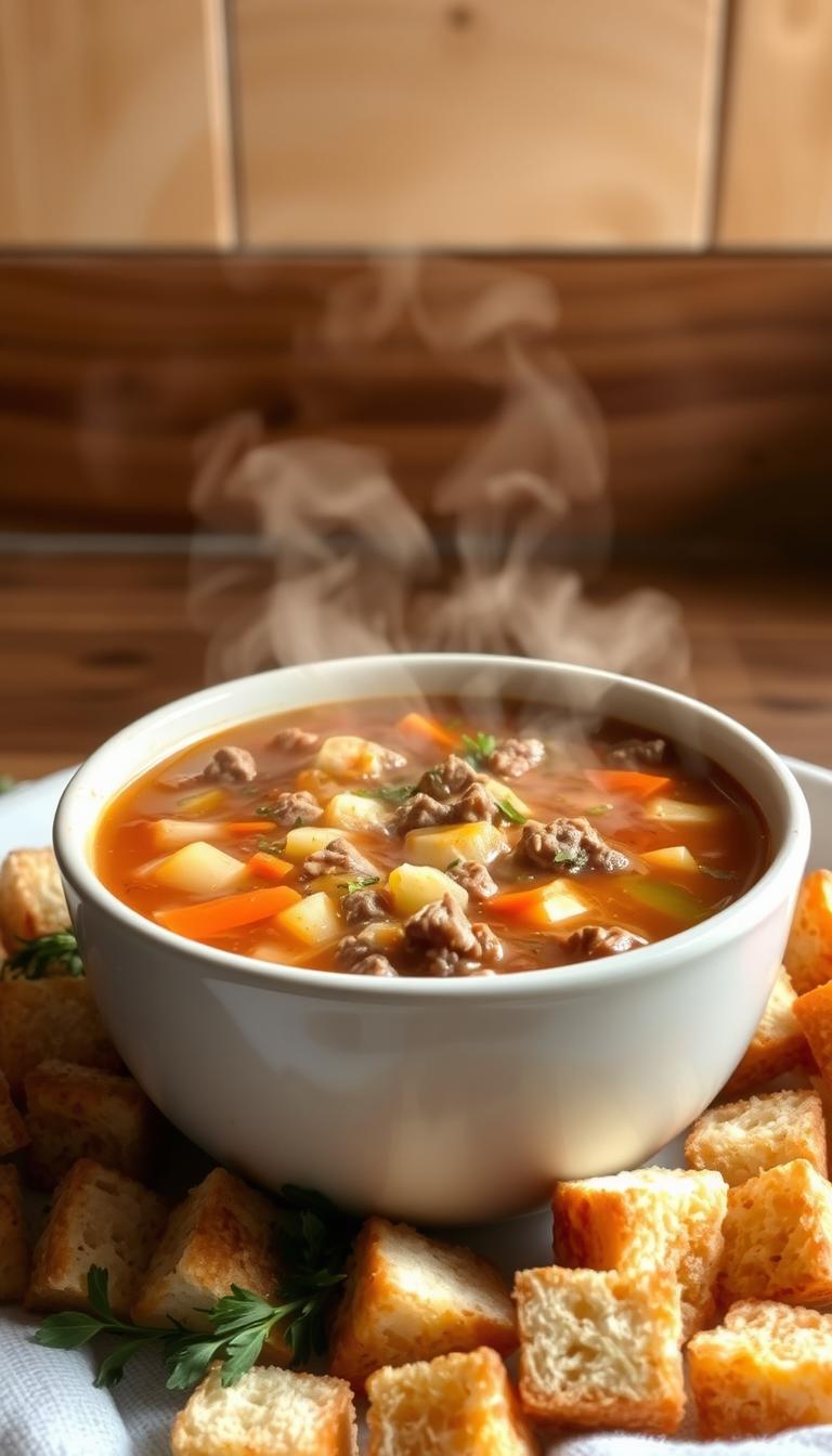 A steaming bowl of hearty hamburger soup takes center stage, surrounded by crisp croutons and fresh herbs. The broth is a rich, savory blend, with tender chunks of ground beef, diced vegetables, and earthy spices. The lighting is warm and inviting, casting a cozy glow over the scene. In the background, a simple kitchen counter provides a rustic backdrop, hinting at the homemade nature of this comforting dish. The overall mood is one of nourishment and simplicity, capturing the essence of a quick, satisfying dinner made with a humble ingredient - the trusty hamburger.