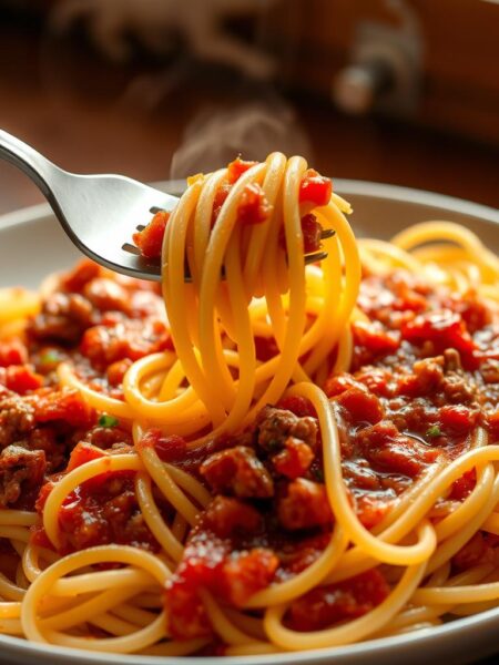 A steaming plate of freshly cooked spaghetti noodles, glistening with a thick, savory meat sauce. The sauce is a vibrant red, simmered to perfection with ground beef, diced tomatoes, onions, garlic, and a blend of Italian herbs. The noodles are perfectly al dente, twirling around a fork, ready to be devoured. The scene is bathed in warm, natural lighting, casting a cozy, inviting atmosphere. The focus is on the center of the plate, with a shallow depth of field blurring the background, drawing the viewer's attention to the delectable dish. This image captures the comforting and satisfying essence of a classic spaghetti with meat sauce, perfect for an article showcasing easy and delicious hamburger meat recipes.