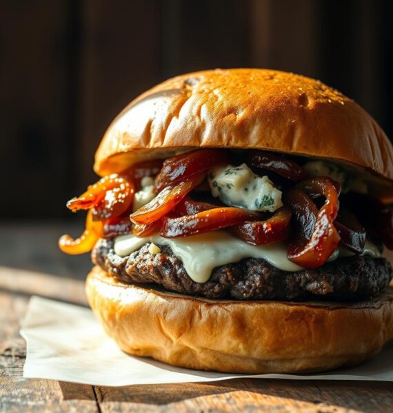 A succulent blue cheese burger, its juicy patty nestled between a soft, toasted brioche bun. Caramelized onions, their rich sweetness complementing the bold, creamy blue cheese. Sunlight filters through the scene, casting a warm, appetizing glow. In the background, a rustic wooden table, weathered and inviting, sets the stage for this mouthwatering culinary delight. The composition is clean, the focus sharp, highlighting the burger's alluring layers of texture and flavor. This is a burger worthy of a foodie's dream, a masterpiece of taste and visual appeal.