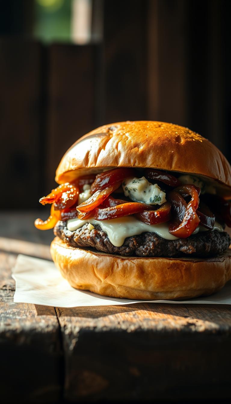 A succulent blue cheese burger, its juicy patty nestled between a soft, toasted brioche bun. Caramelized onions, their rich sweetness complementing the bold, creamy blue cheese. Sunlight filters through the scene, casting a warm, appetizing glow. In the background, a rustic wooden table, weathered and inviting, sets the stage for this mouthwatering culinary delight. The composition is clean, the focus sharp, highlighting the burger's alluring layers of texture and flavor. This is a burger worthy of a foodie's dream, a masterpiece of taste and visual appeal.