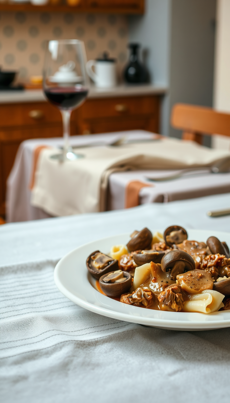 Close-up of a plate of pasta with mushrooms and sauce on a table, with a glass of red wine and a softly focused dining room in the background.