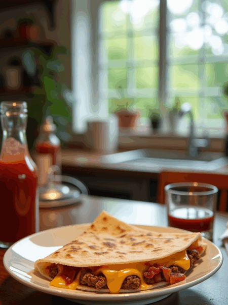 A delectable cheeseburger quesadilla, with juicy beef patty, melted cheddar, and tangy diced pickles, nestled between golden-brown, crispy tortilla halves. Served on a rustic wooden board, with a side of creamy avocado dip and fresh cilantro sprigs, bathed in warm, soft lighting that accentuates the mouthwatering textures and flavors. The scene is captured from a high angle, giving a tantalizing overhead view of this savory fusion dish, perfect for a quick and satisfying weeknight dinner.
