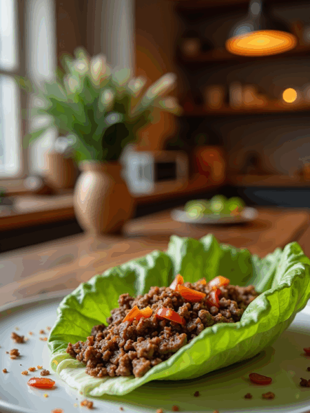 Close-up of a lettuce wrap filled with seasoned ground meat and sliced red peppers, served on a white plate with a cozy, warmly lit kitchen in the background