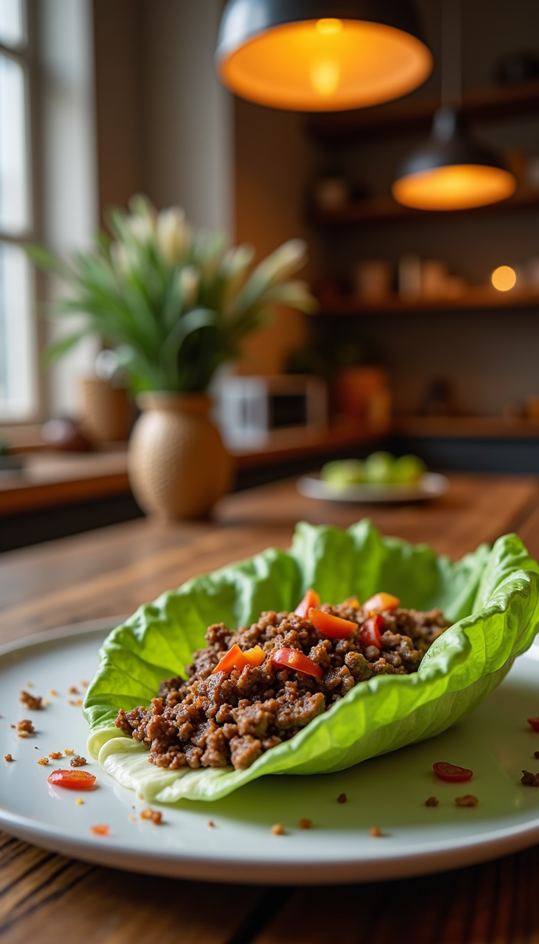 Close-up of a lettuce wrap filled with seasoned ground meat and sliced red peppers, served on a white plate with a cozy, warmly lit kitchen in the background