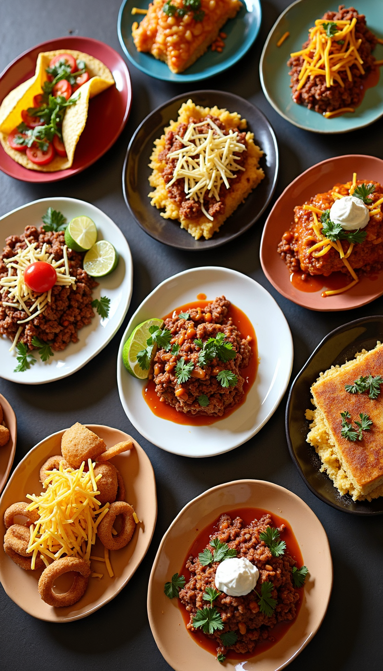 Delicious hamburger recipes including tacos, chili, cornbread with beef, cheesy casseroles, and beef with beans, perfect for easy family dinners.