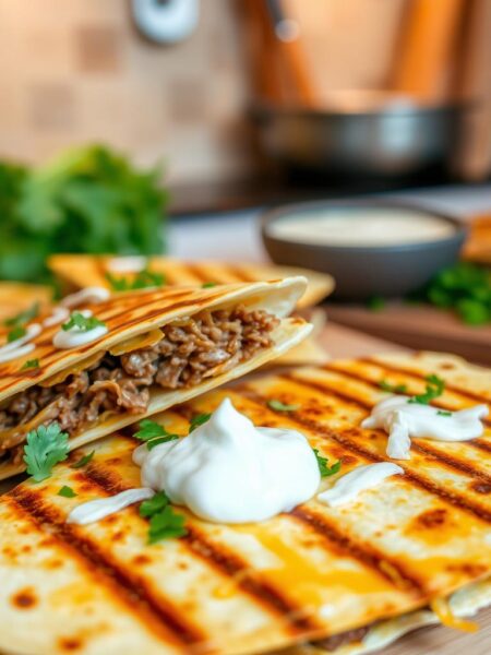 Delectable beef quesadillas, golden-brown tortillas filled with melted cheddar cheese and tender, juicy shredded beef. Grilled to perfection, with a slight char on the edges, casting a mouthwatering aroma. In the foreground, the quesadilla slices are arranged attractively, drizzled with sour cream and sprinkled with chopped cilantro. In the middle ground, a wooden board or cutting surface provides a rustic backdrop, while the background showcases a warm, cozy kitchen setting with subtle lighting, perhaps a tiled backsplash or wooden cabinetry. The overall scene evokes a comforting, homemade ambiance, inviting the viewer to savor the hearty, cheesy goodness of these beef and cheese quesadillas.