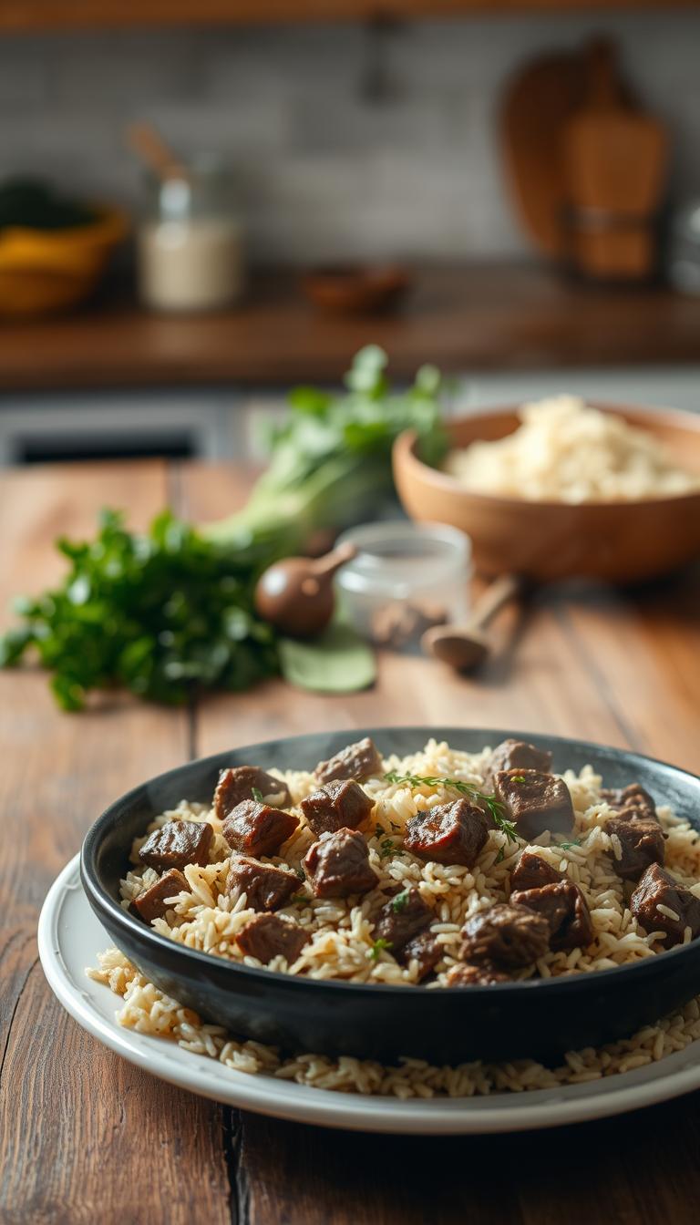 a delicious one-pot beef and rice skillet, showcasing tender beef morsels and fragrant rice cooked together in a warm, inviting scene. The dish is plated on a rustic wooden table, with a subtle, natural lighting creating a cozy, homemade atmosphere. In the foreground, the steaming skillet takes center stage, its rich, meaty aroma filling the air. The middle ground features a selection of fresh herbs and spices, hinting at the flavors within. In the background, a softly blurred kitchen setting provides a sense of place, with minimal distractions allowing the focus to remain on the hearty, comforting meal.