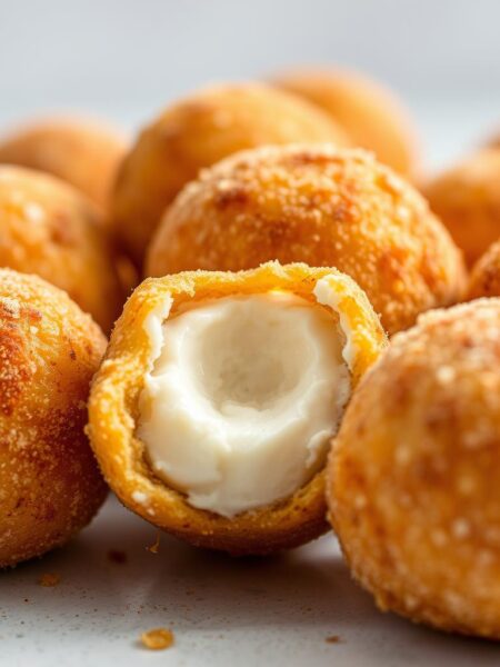 A close-up shot of a delightful array of fried ice cream balls, freshly cooked to a golden crisp. The exterior is lightly dusted with cinnamon and sugar, while the inside reveals a smooth, creamy vanilla ice cream center. The lighting casts a warm, inviting glow, highlighting the textural contrast between the crunchy shell and the luscious ice cream. Set against a neutral background, the fried ice cream balls take center stage, tempting the viewer with their irresistible appearance. The composition is well-balanced, drawing the eye to the star of the scene - the unique and delectable fried ice cream.
