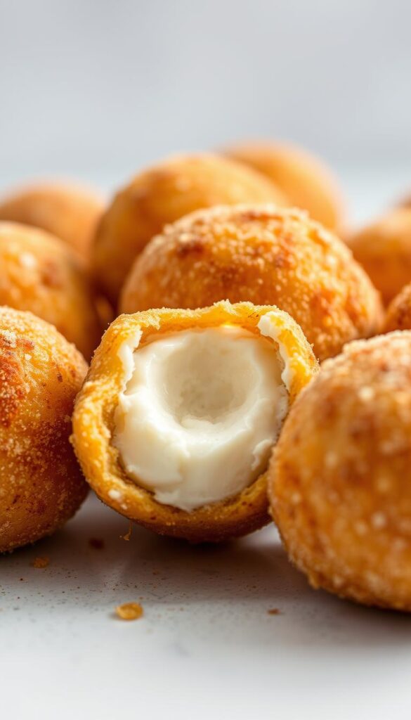 A close-up shot of a delightful array of fried ice cream balls, freshly cooked to a golden crisp. The exterior is lightly dusted with cinnamon and sugar, while the inside reveals a smooth, creamy vanilla ice cream center. The lighting casts a warm, inviting glow, highlighting the textural contrast between the crunchy shell and the luscious ice cream. Set against a neutral background, the fried ice cream balls take center stage, tempting the viewer with their irresistible appearance. The composition is well-balanced, drawing the eye to the star of the scene - the unique and delectable fried ice cream.