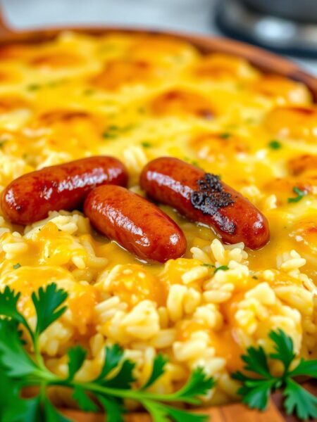 A delectable casserole dish, featuring plump smoked sausages nestled amidst a sea of fluffy white rice, blanketed in a rich, creamy cheese sauce. The sausages glisten under the warm, soft lighting, their smoky aroma wafting through the air. In the foreground, the dish is framed by a wooden serving platter, its edges adorned with sprigs of fresh parsley, adding a vibrant pop of color. The middle ground showcases the bubbling, golden-brown cheese topping, enticing the viewer with its inviting texture. The background fades into a softly blurred kitchen setting, hinting at the homey, comforting atmosphere of this hearty, cheesy masterpiece.