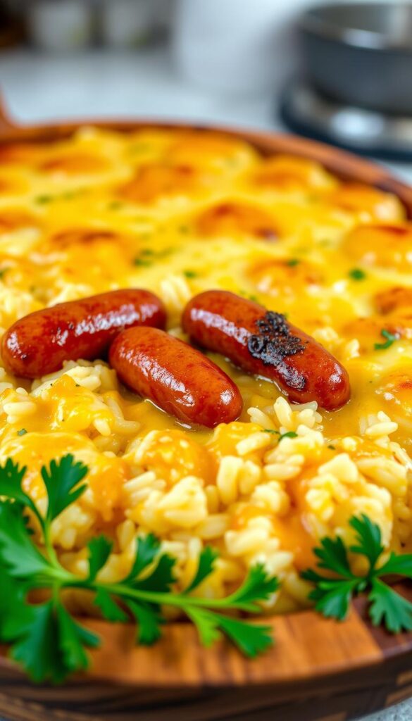 A delectable casserole dish, featuring plump smoked sausages nestled amidst a sea of fluffy white rice, blanketed in a rich, creamy cheese sauce. The sausages glisten under the warm, soft lighting, their smoky aroma wafting through the air. In the foreground, the dish is framed by a wooden serving platter, its edges adorned with sprigs of fresh parsley, adding a vibrant pop of color. The middle ground showcases the bubbling, golden-brown cheese topping, enticing the viewer with its inviting texture. The background fades into a softly blurred kitchen setting, hinting at the homey, comforting atmosphere of this hearty, cheesy masterpiece.