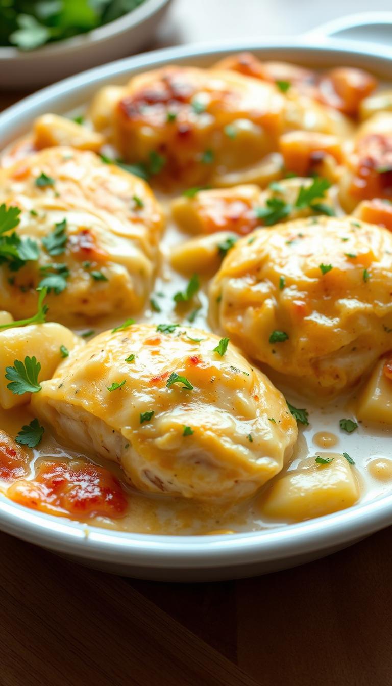 A delectable casserole featuring tender chicken breasts nestled among creamy Yukon Gold potatoes, blanketed in a rich, savory ranch-inspired sauce. The golden-brown, bubbly surface is accented by specks of fresh parsley, creating a visually appetizing and homey dish. Captured in soft, natural lighting with a shallow depth of field, the casserole takes center stage, inviting the viewer to imagine the comforting aroma and satisfying flavors. The composition emphasizes the layered textures and melted cheese topping, evoking a sense of wholesome, family-style dining.