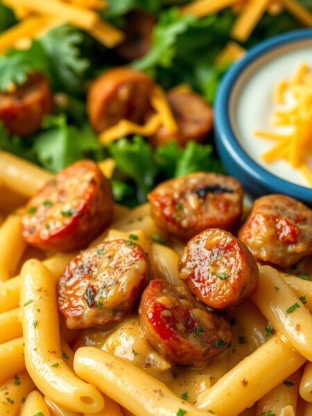 A delectable, creamy cheddar ranch pasta dish, bursting with the savory flavors of juicy sausage. In the foreground, a generous portion of al dente penne noodles, coated in a luscious, golden-hued sauce, flecked with fragrant herbs and spices. The middle ground features tender, caramelized sausage chunks, their rich, smoky aroma mingling with the tantalizing cheesy notes. In the background, a backdrop of fresh, crisp greens and a sprinkle of shredded cheddar cheese, adding a vibrant pop of color and an extra layer of dairy goodness. Soft, diffused lighting casts a warm, comforting glow over the entire scene, setting the mood for a satisfying, homestyle culinary experience.