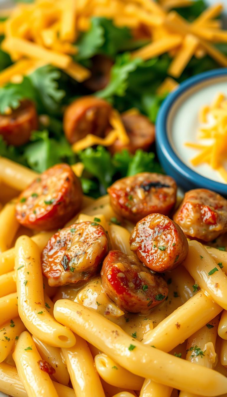 A delectable, creamy cheddar ranch pasta dish, bursting with the savory flavors of juicy sausage. In the foreground, a generous portion of al dente penne noodles, coated in a luscious, golden-hued sauce, flecked with fragrant herbs and spices. The middle ground features tender, caramelized sausage chunks, their rich, smoky aroma mingling with the tantalizing cheesy notes. In the background, a backdrop of fresh, crisp greens and a sprinkle of shredded cheddar cheese, adding a vibrant pop of color and an extra layer of dairy goodness. Soft, diffused lighting casts a warm, comforting glow over the entire scene, setting the mood for a satisfying, homestyle culinary experience.