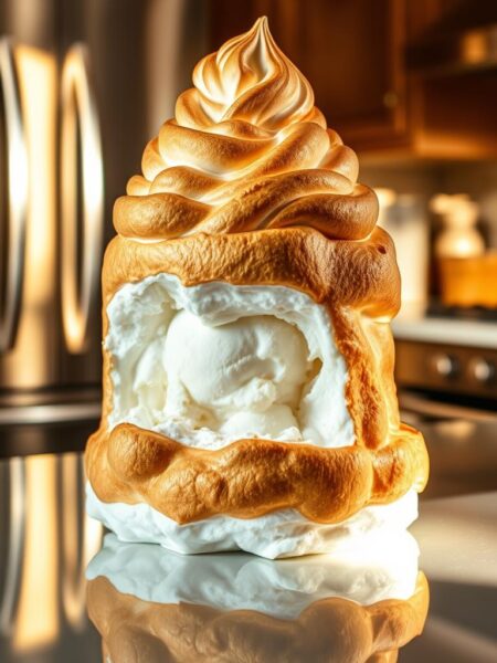 A delectable display of baked Alaska, featuring a towering dome of golden-brown meringue, encasing a frozen core of creamy vanilla ice cream. The dessert rests atop a gleaming, mirrored surface, reflecting the intricate details of the dish. Soft, natural lighting illuminates the dessert, casting gentle shadows that accentuate the texture and curvature of the meringue. The background is a warm, inviting kitchen setting, with subtle hints of rustic wooden accents and polished stainless steel appliances, creating a cozy, homey atmosphere. The overall composition exudes a sense of elegance, inviting the viewer to indulge in this unique and indulgent ice cream creation.